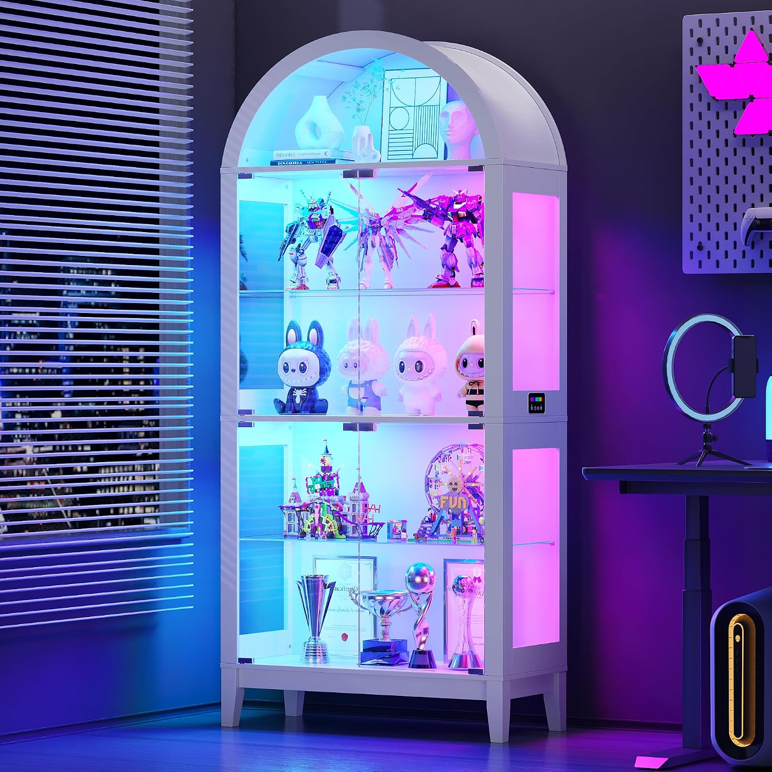 Lvifur Display Cabinet with -RGB Lights, 5-Tier 68.9' Arched Curio Cabinet with Glass Door for Collectibles, Display Case with Glass Shelves, Motion Sensor, Storage Cabinets,Bookcase,White