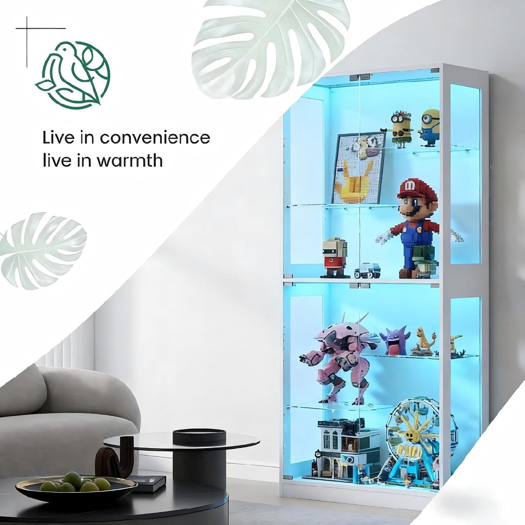 Lamtor 69-Inch Glass Display Cabinet - Adjustable Shelves Display Case, Curio Cabinet with RGB Lighting, for Game Room, Living Room, Bedroom, White