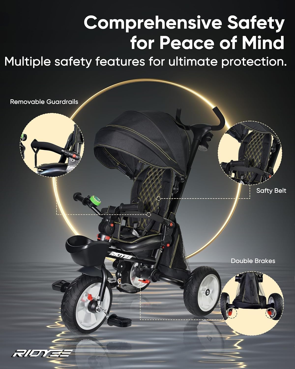 RIDYEE 7-in-1 Folding Toddler Tricycle for 18 Months to 5 Years, Tricycle Stroller with Dual Brakes, All-Terrian Rubber Tire, Tricycle for Toddlers with Rotatable Seat, Adjustable Push Handle, Black