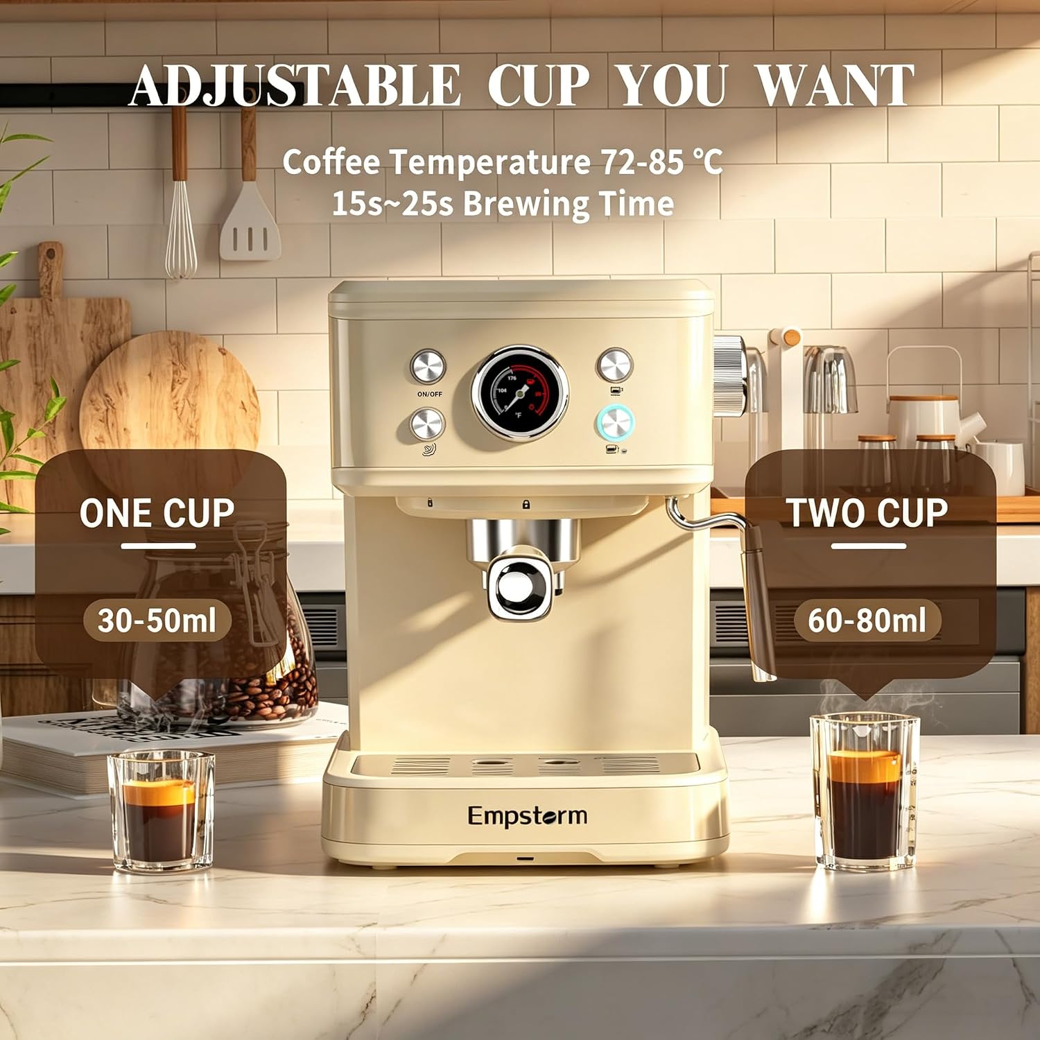 Empstorm Espresso Machine 20 Bar, 2 in 1 Espresso Maker with Milk Frother Steam Wand for Latte and Cappuccino, Powder and Capsule Portafilter, 50oz Removable Water Tank Coffee Machine for Home-White