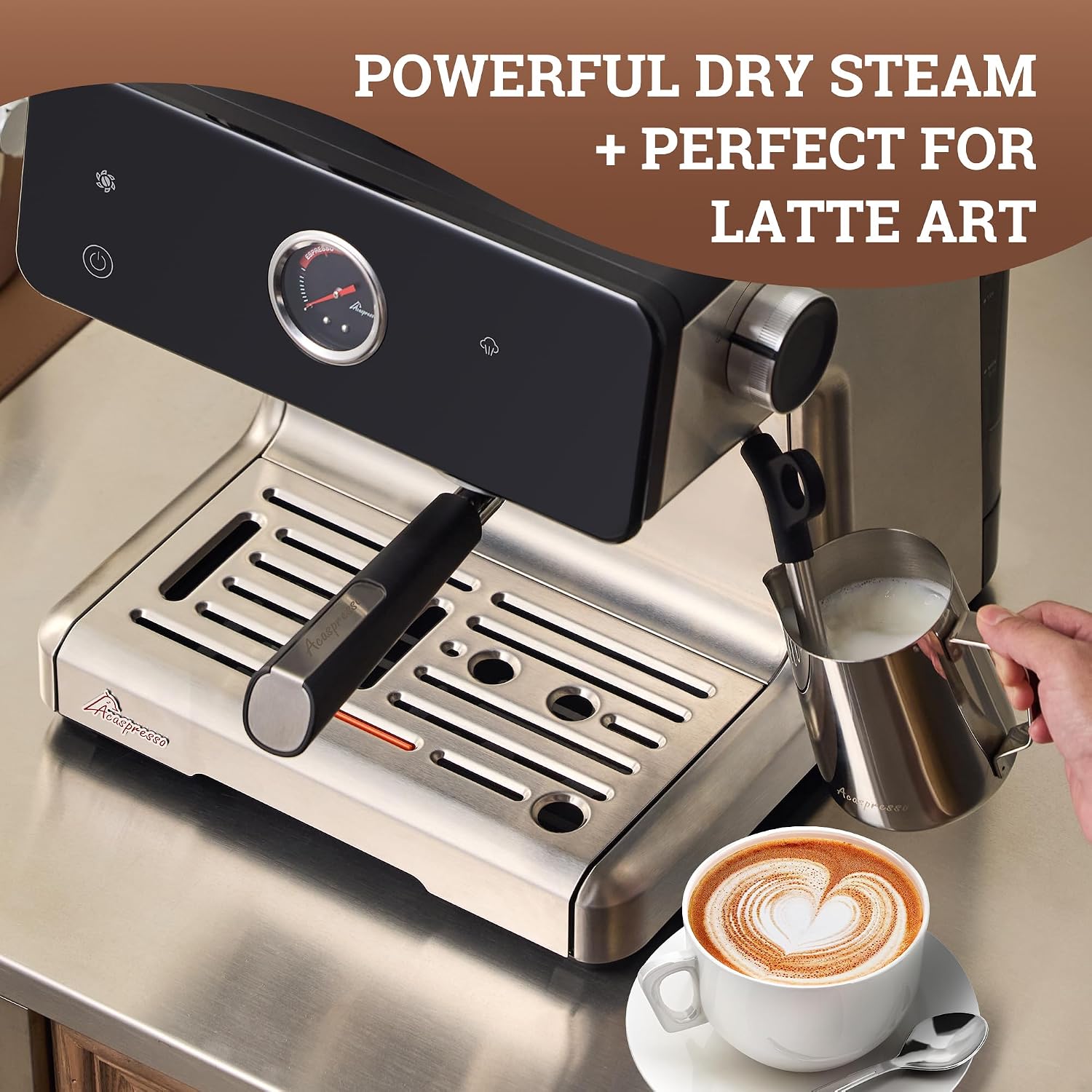 Espresso Machine with Grinder, Auto Distribute & Tamp 15 Bar Semi-Automatic with PID Temperature, Cold Brew Espresso Maker with Milk Frother, 58mm Portafilter for Beginners, Stainless Steel