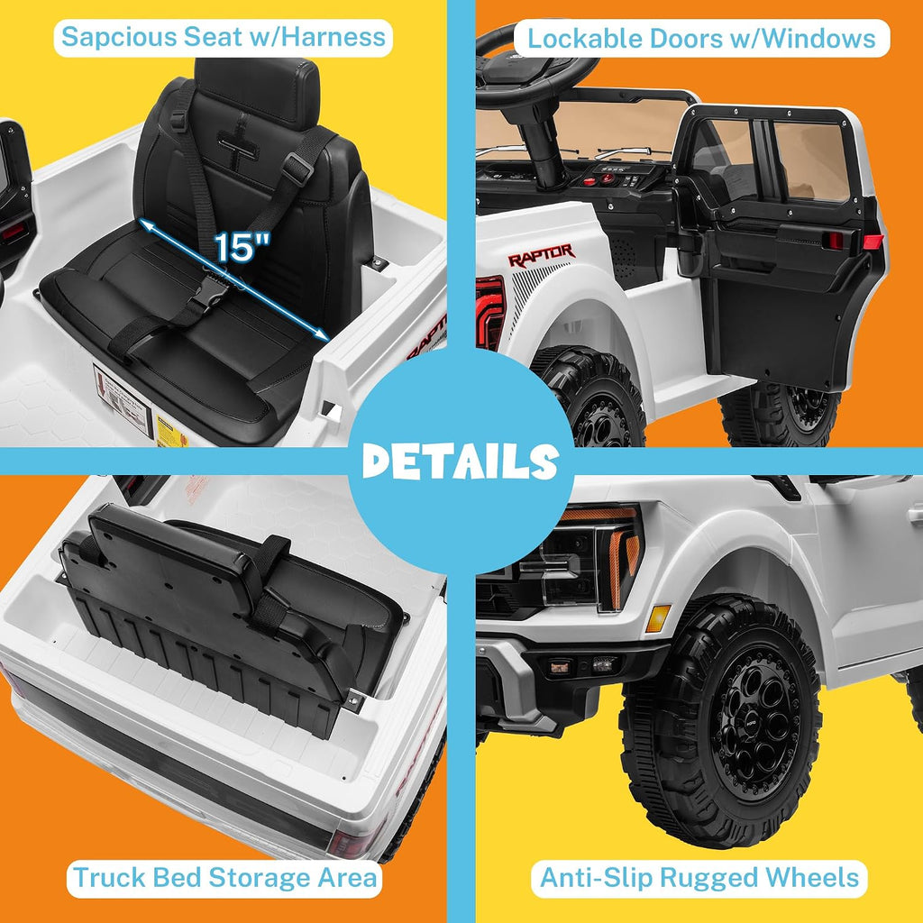 ENYOPRO 12V Licensed Ford F-150 Raptor Electric Car for Kids, Toddler Ride On Truck w/Remote Control, Kids Ride On Toys w/LED Lights, Bluetooth, Radio, Seat Belt, Soft Start, Rear Storage (White)