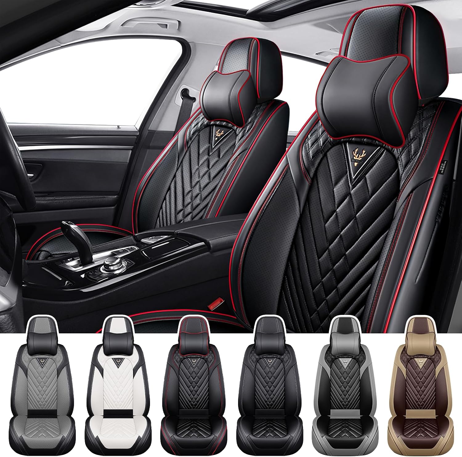 Car Seat Covers for Ford Mustang 2000-2026, Waterproof Nappa Leather Front Seat Cover with Headrests, Anti-Slip and Comfortable Automotive Seat Protector&Accessories(Black Red)