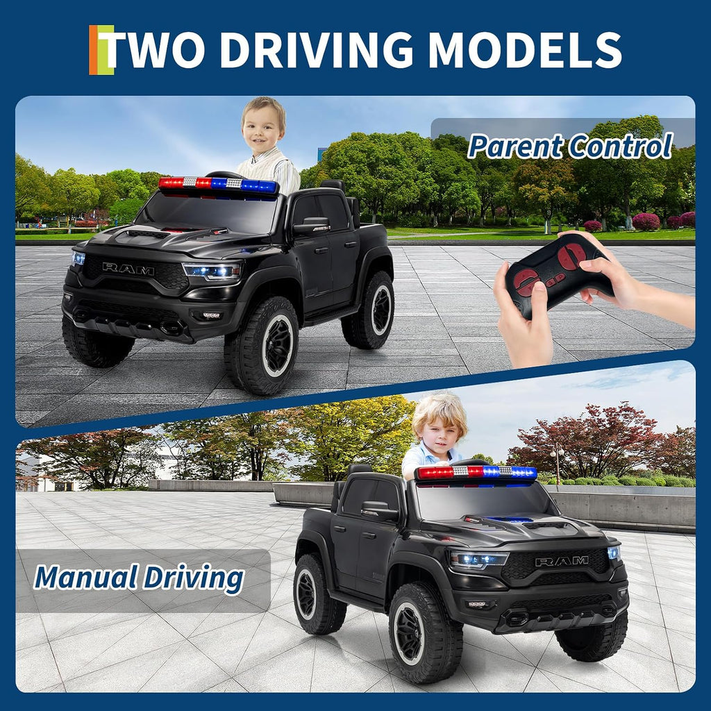 Garvee Ride On Car, Licensed RAM 12V Kids Ride On Police Car with Remote Control, Electric Pickup Truck for Toddlers, 3 Speeds, Spring Suspension, LED Lights & Parent Safety Lock