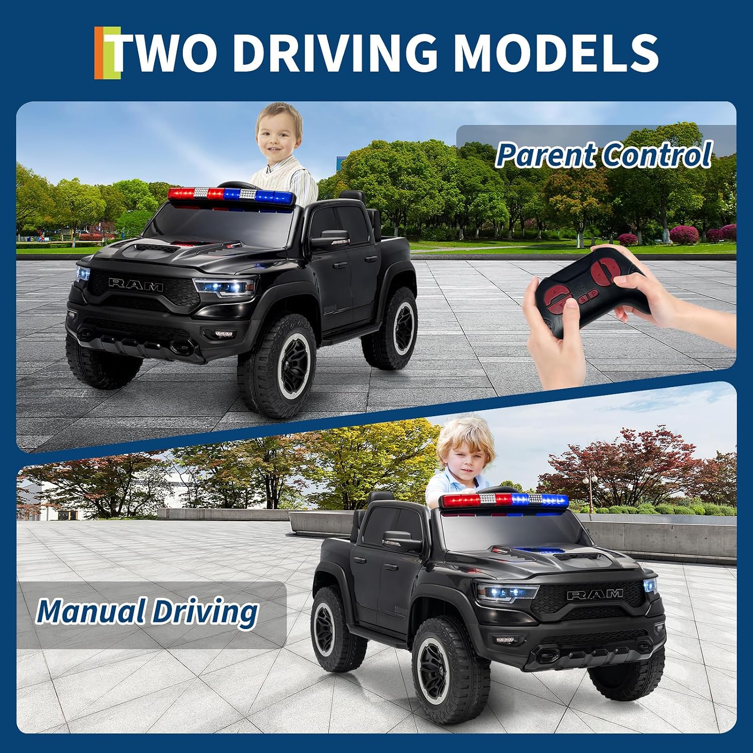 Garvee Ride On Car, Licensed RAM 12V Kids Ride On Police Car with Remote Control, Electric Pickup Truck for Toddlers, 3 Speeds, Spring Suspension, LED Lights & Parent Safety Lock