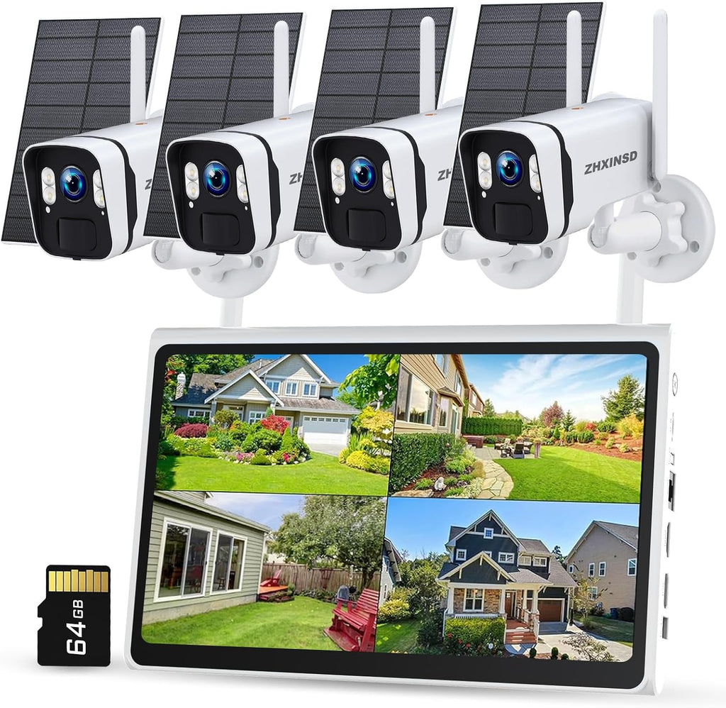 4MP Solar Powered Security Camera Outdoor Wireless System with 10' Monitor, 5G/2.4G WiFi 4PCS Outdoor Battery Camera with Solar Panel10CH Home Security System AI Human Detection 2-Way Audio