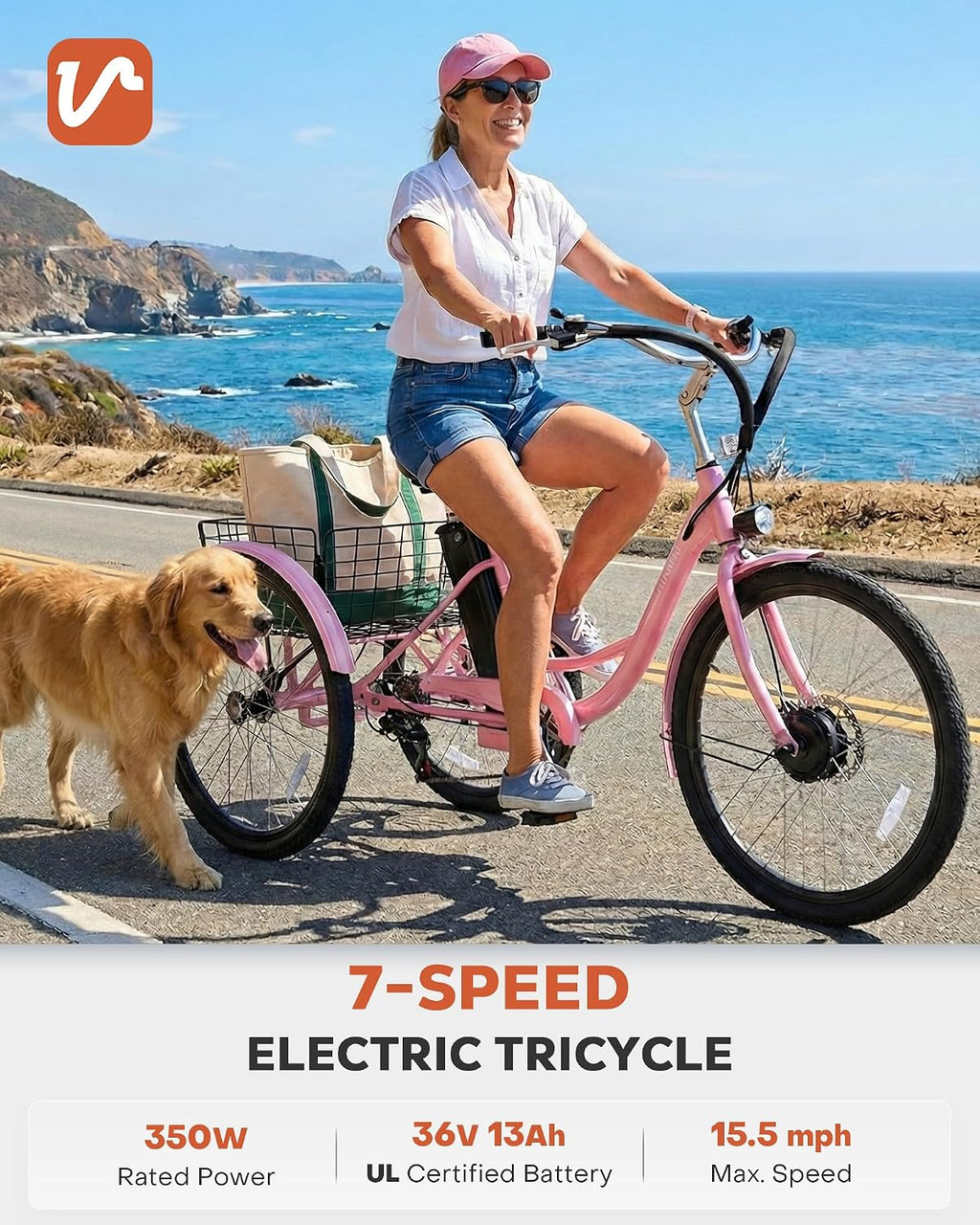 VIRIBUS Electric Tricycle for Adults, 24 26 inch Electric Trike with 468Wh Removable Battery, 250W/350W(Peak 500W) 3 Wheel Electric Bikes for Seniors, Motorized Adult Tricycles Women Men 330 lb.