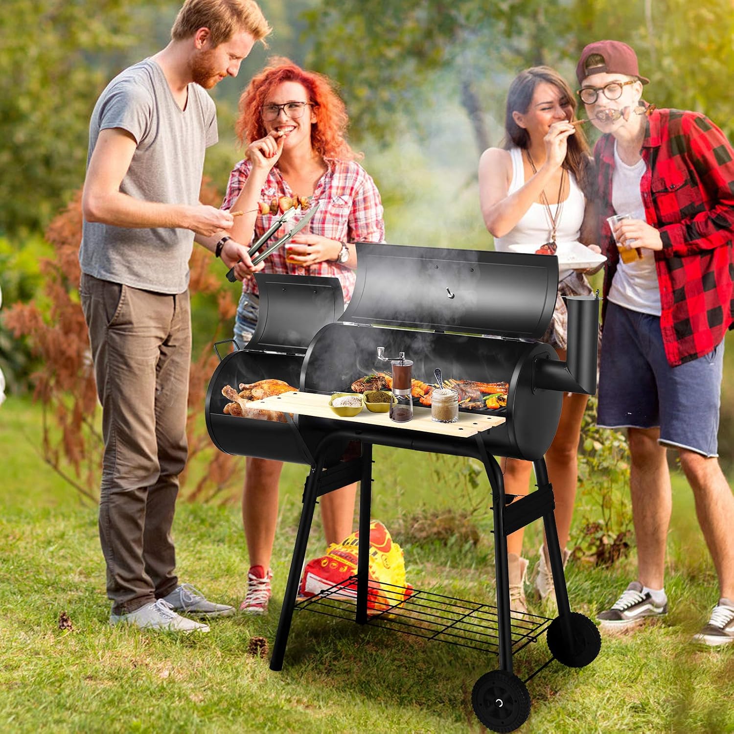 Giantex BBQ Charcoal Grill with Offset Smoker, Thermometer and Adjustable Damper, Meat Cooker Smoker for Backyard Family Gathering and Outdoor Picnic, 2 Moveable Wheels, 2 Shelves and Wooden Handles