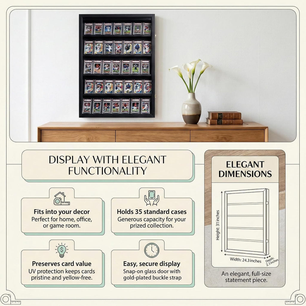 35 Baseball Card Display Case - Graded Sports Card Frame with 98% UV Protection, Lockable Wall Mount for PSA BGS Trading Cards, Football Basketball Hockey Collector Holder (3 Packs)