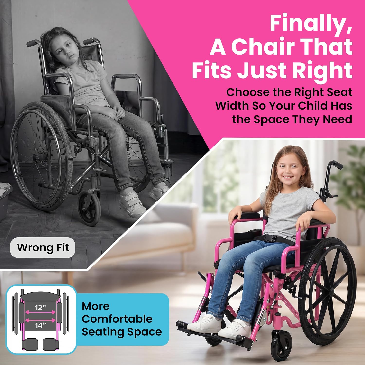 Customize Your Pediatric Wheelchair - 12' or 14' Foldable Narrow Wheelchair for Kids - Fun Colors, Cushion, Seat Belt, Anti Tippers, Padded Arm and Leg Rests, Height Adjustable Push Handles