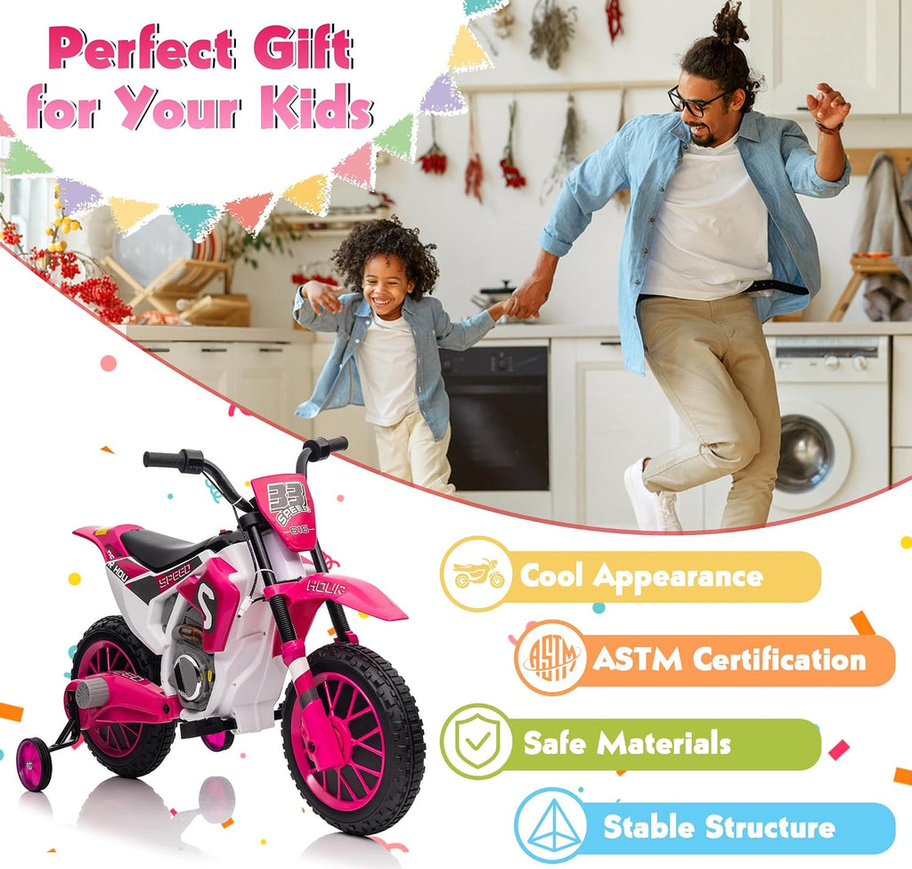 Toddler Motorcycle Kids Dirt Bike TOBBI 12 Volt Battery Powered Ride On Toys Electric Motorbike w/Training Wheels Gift for Boys Girls Ages 3-8 Years, Rose Pink