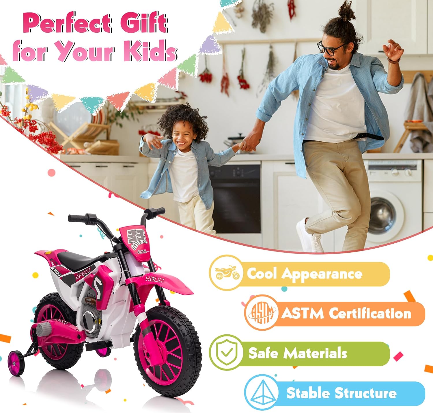 Toddler Motorcycle Kids Dirt Bike TOBBI 12 Volt Battery Powered Ride On Toys Electric Motorbike w/Training Wheels Gift for Boys Girls Ages 3-8 Years, Rose Pink