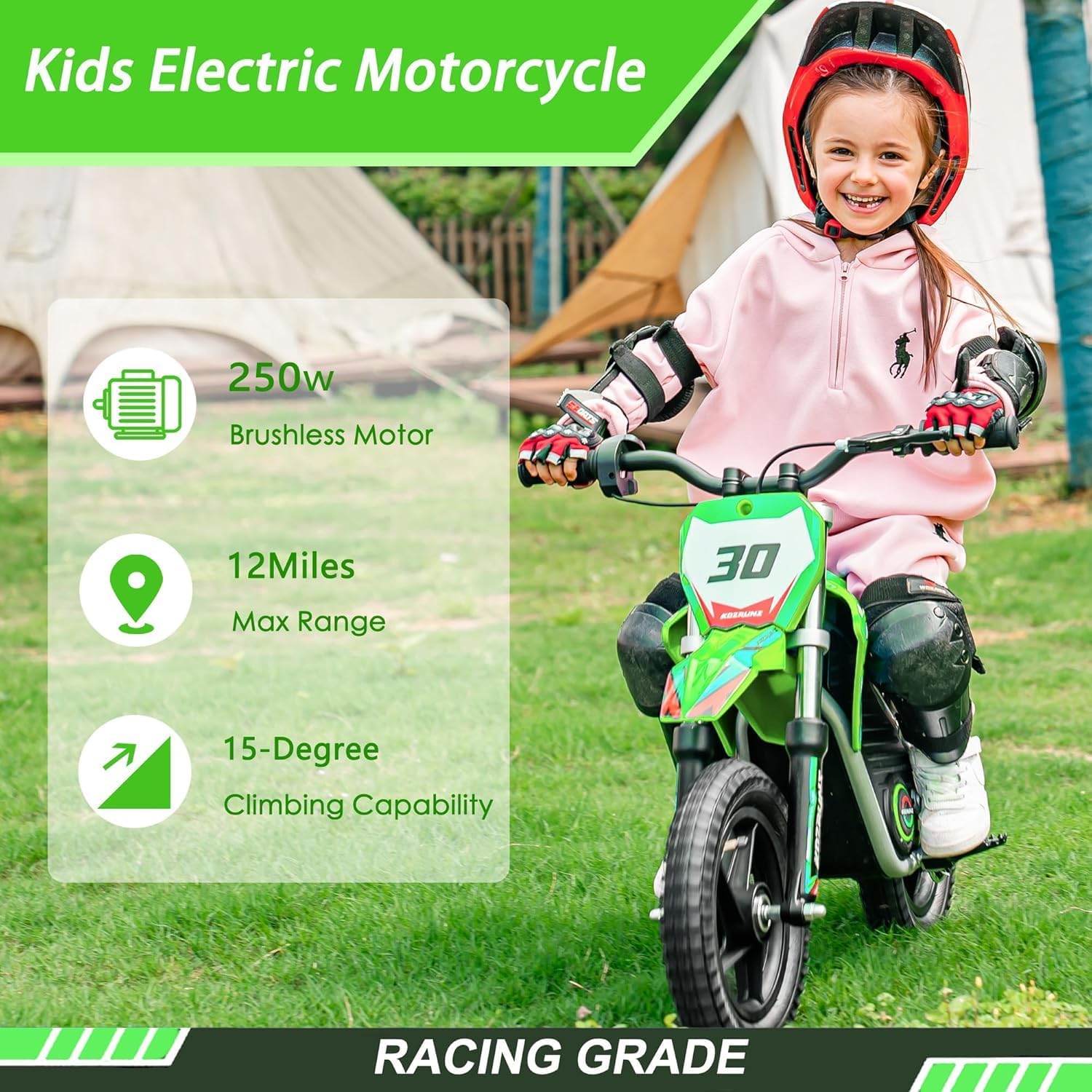 OLALA 36V Electric Dirt Bike for Kids 3-6, 250W Brushless Motor with 3-Speed Control, 15.5 MPH Max Speed, 12' Off-Road Tires Motorcycle, for Boys & Girls, Green