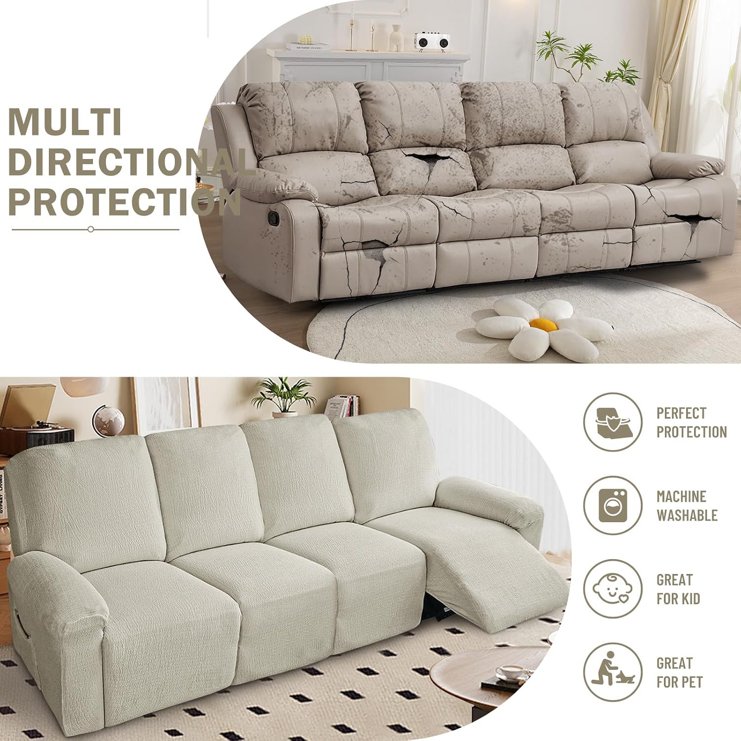 vctops 10 Pieces Cotton Linen Recliner Sofa Covers Rustic Stretch Soft 4 Seats Couch Cover Anti-Slip Sofa Slipcover Furniture Protector with Elastic Bottom for Kids Pet (Beige Grey,4 Seat)