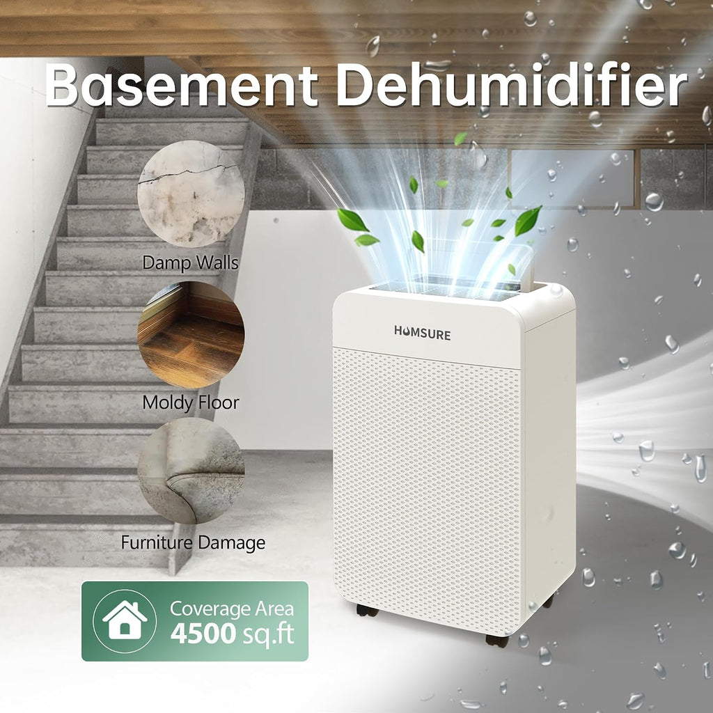HUMSURE 4500 Sq. Ft 80 Pints Dehumidifier for Basement and Home, Bathroom, Bedroom, Equipped With Drainage Hose, Automatic Defrosting, 24-Hour Timer Function