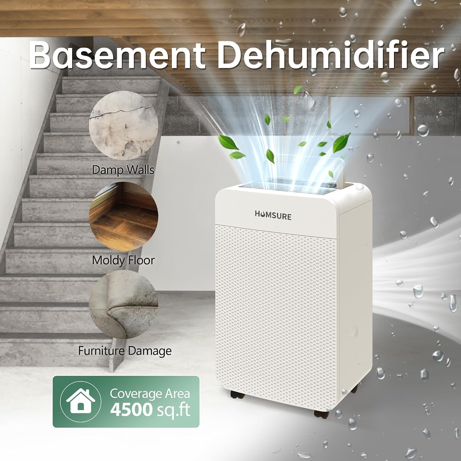 HUMSURE 4500 Sq. Ft 80 Pints Dehumidifier for Basement and Home, Bathroom, Bedroom, Equipped With Drainage Hose, Automatic Defrosting, 24-Hour Timer Function