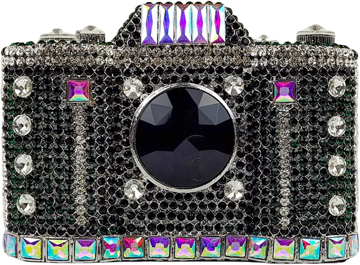 HUANG ZHUANG Cute Camera Shape Crystal Clutch Purse Mini Rhinestone Evening Bag Wedding Handbag Party Women Purse
