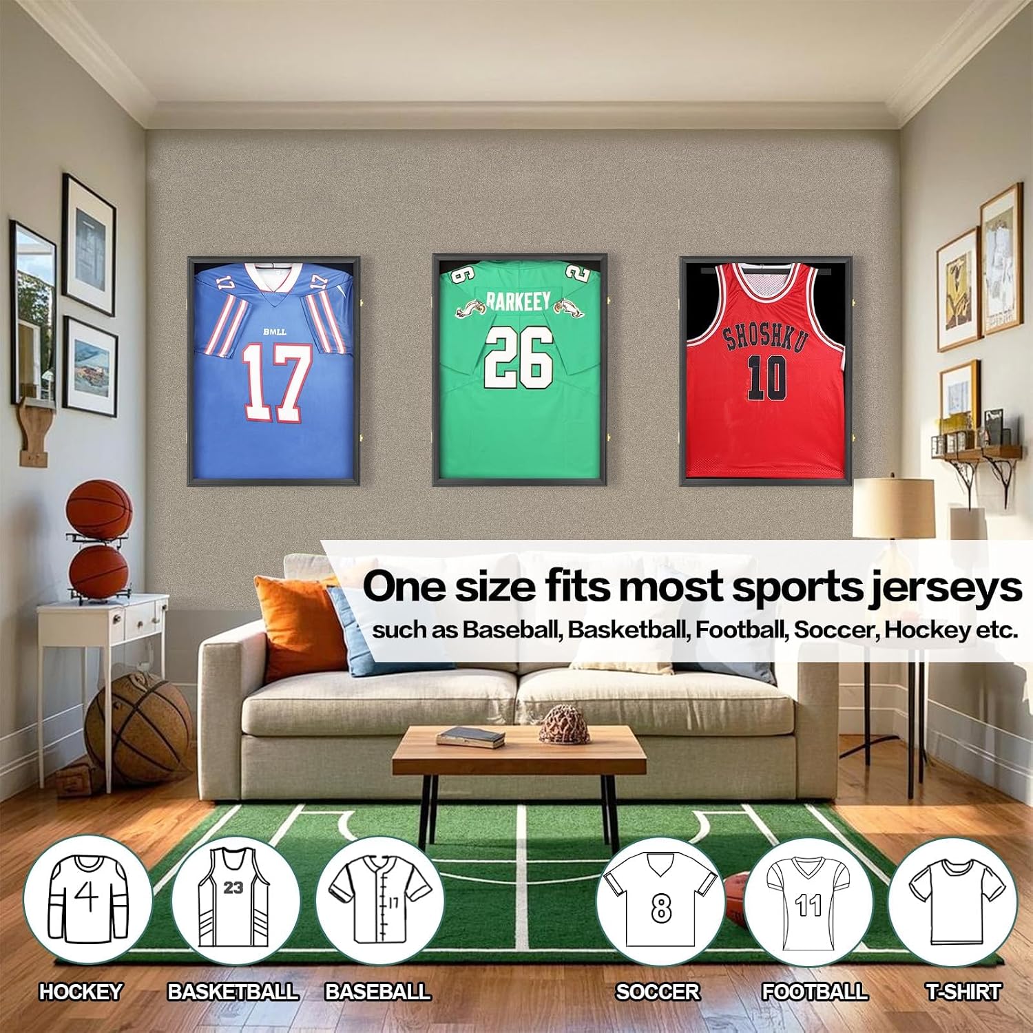 Jersey Frame Display Case 4 Pack for Wall ,Large Lockable T-Shirt Shadow Box with Clear UV Protection Acrylic & Hangers for Football Basketball Baseball Soccer Hockey, Matte Black