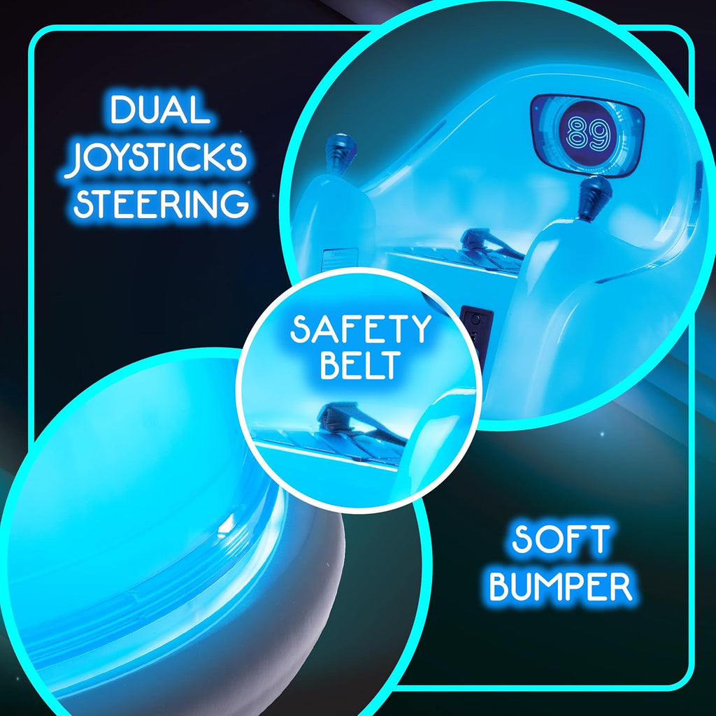 Flybar 6V Blue Glow Bumper Car for Kids – LED Ride-On Toy with 360° Spin, Rechargeable Battery, and Soft Rubber Bumpers – Safe Indoor Fun for Toddlers Ages 1.5+, Up to 66 lbs
