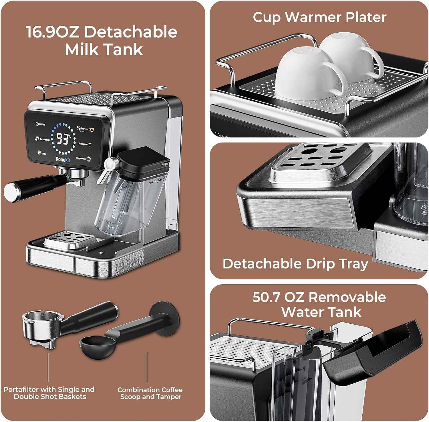 Espresso Machine with Automatic Milk Tank,Espresso Cool & Cappuccino Machine, 20Bar Espresso Coffee Machines, Touch Screen with Timer, 50.7Oz Removable Reservoir, Black
