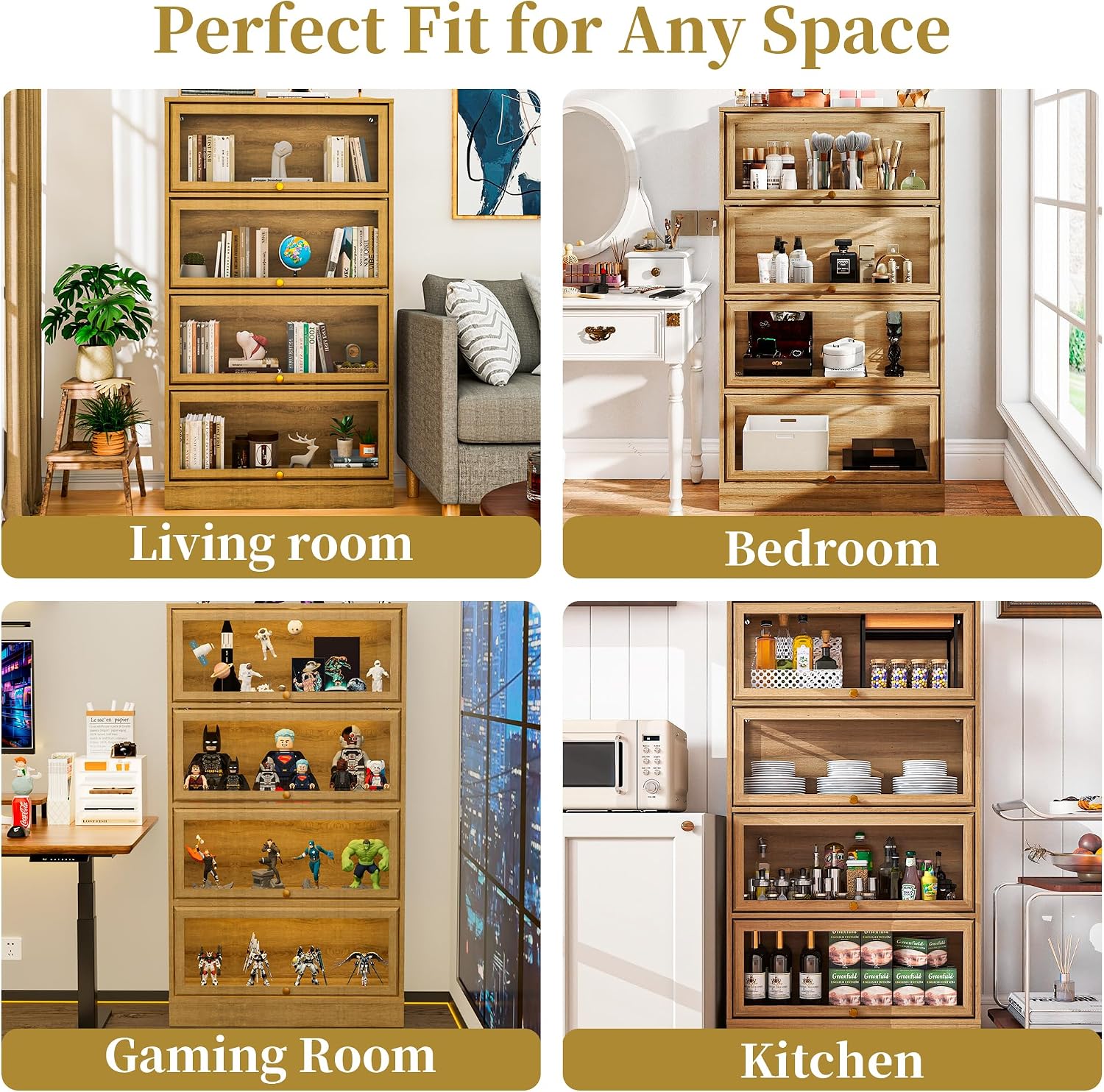 Display Cabinet with Acrylic Glass Doors,4-Tiers Curio Cabinet with LED Lighting for Collectibles, Collectibles Toy Organizers Rack & Display Shelf Display Case Storage Cabinet, Nature