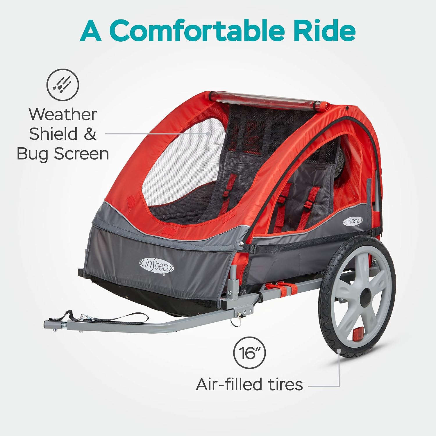 Instep Take 2 Double Seat Bike Child Trailer, Max Weight 80 lbs., 5-Point Harness, Folding Frame, Quick Release Wheels, Bug Screen & Weather Shield, Red