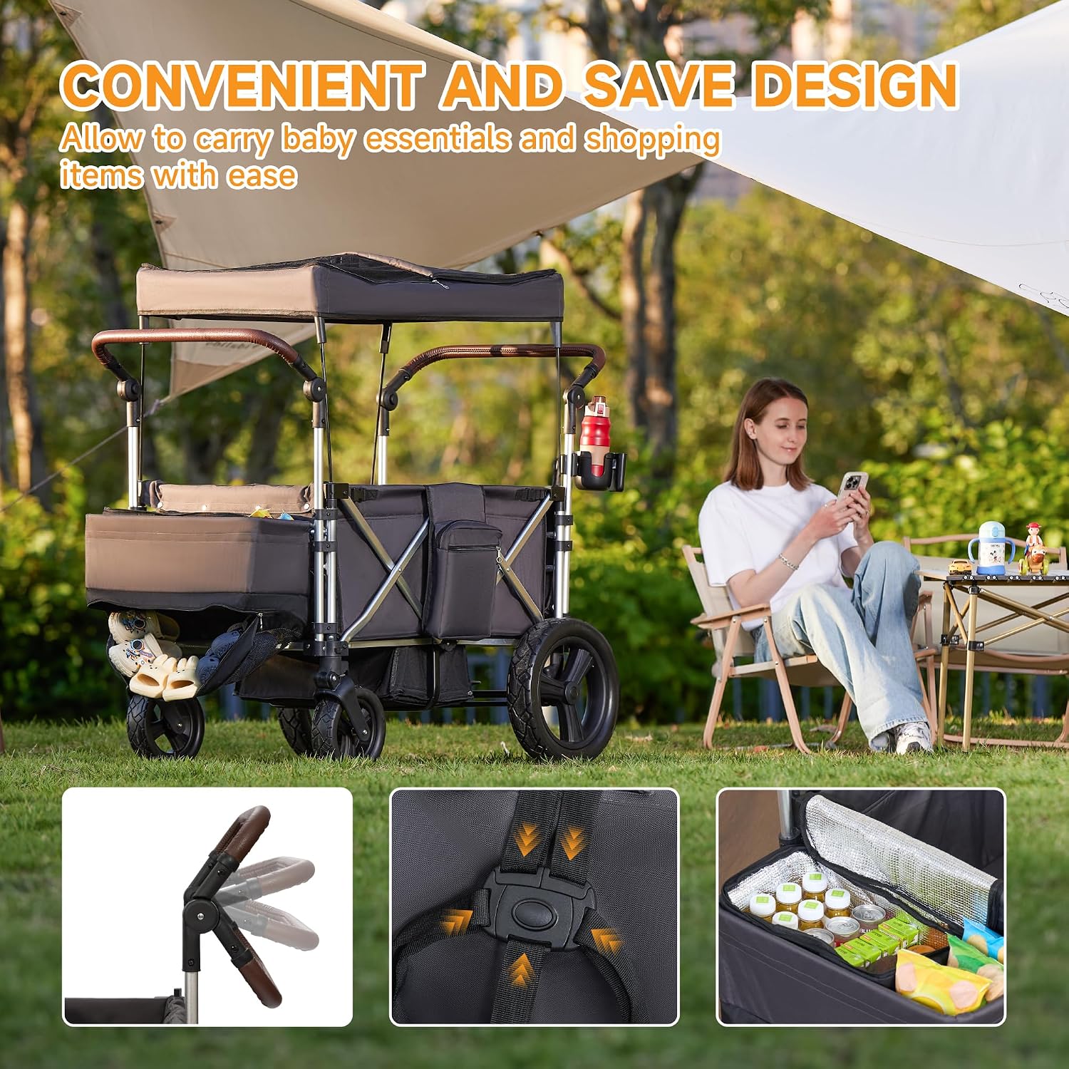 Stroller Wagon 4 Seater, Folding Push Wagon for 4 Kids, Collapsible with 5-Point Safety Belt and Canopy, Adjustable Handle, All-Terrain Mobility