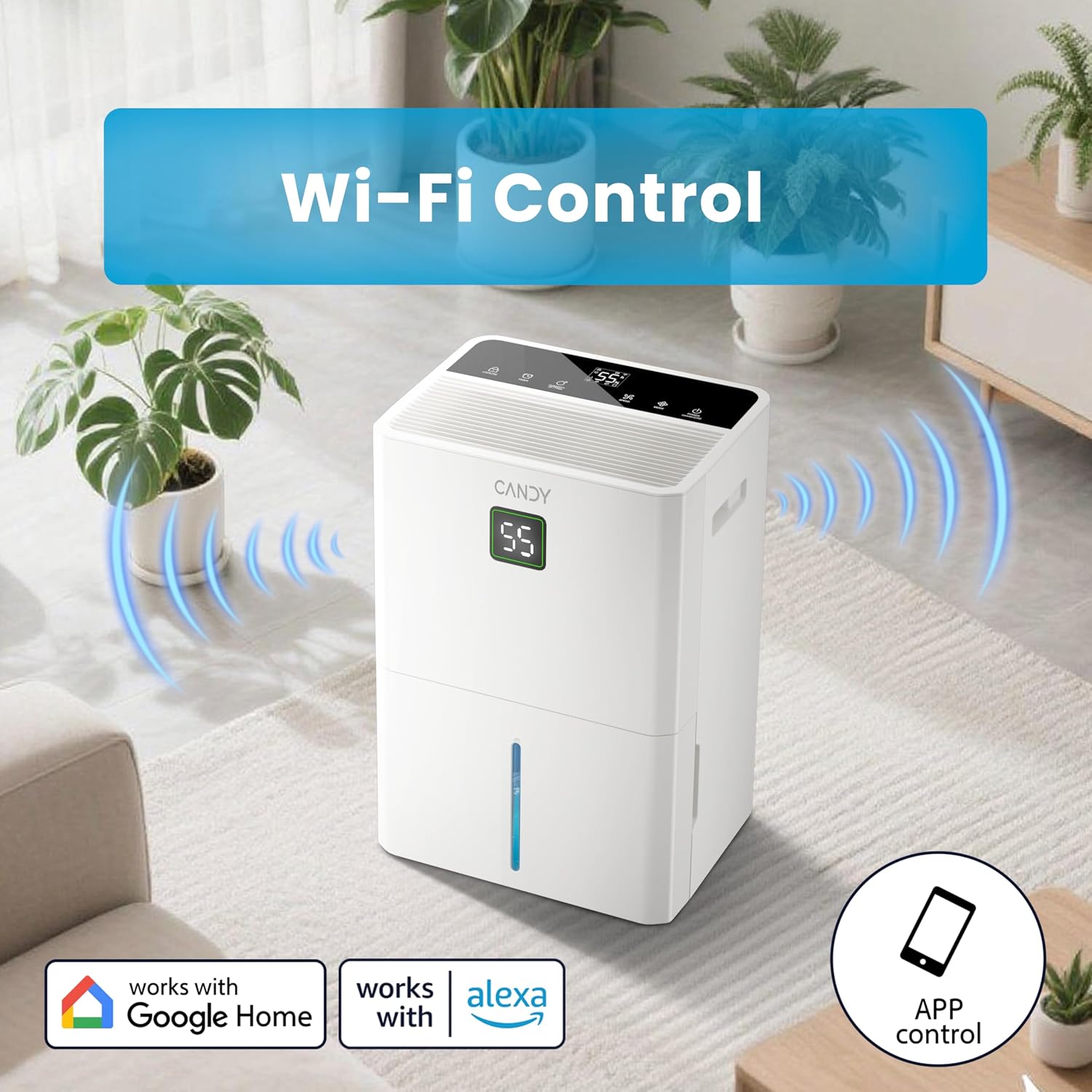 Candy 5500 Sq. Ft Dehumidifier for Basement, Max 100 Pint/Day Large Dehumidifiers for Home with Drain Hose, 1.45 Gallons Water Tank, Intelligent Humidity Reminder with Wifi & Alxea Control