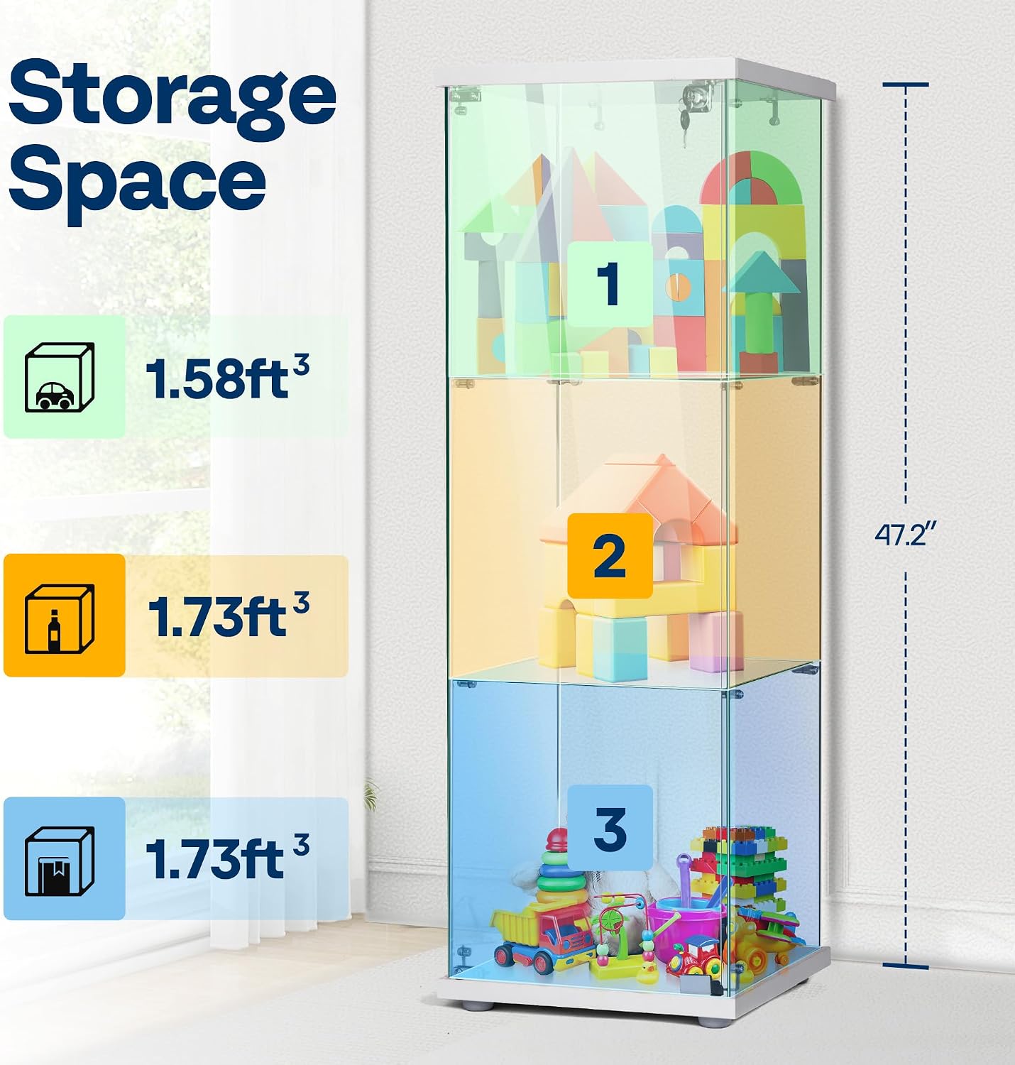 VIVOHOME 3 Layers 15.7''W x 15.7''D x 47.2''H Glass Display Cabinet Countertop Showcase with Lock, 5mm Tempered Glass 25mm MDF Base