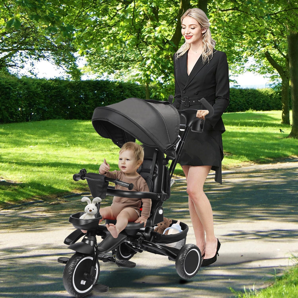 TODEFULL Folding Kids Tricycle, 8 in 1 Toddler Trike W/Removable & Adjustable Canopy, Parent Handle, 5-Piont Harness, Toddler Bike Tricycle for Kids 1-6 Years, EVA Wheels, Storage Basket, Black