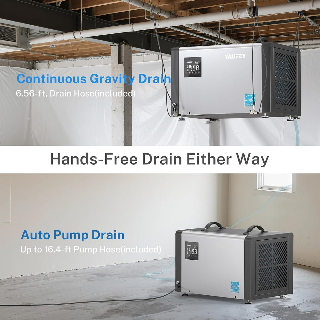 Yaufey 70 Pints Energy Star Commercial Dehumidifier with Pump for 5000 Sq. Ft. Crawl Space, Basement, Industrial, 10-90% RH Humidity Control, 24/7 Continuous Drainage, TUV Certified, 5-Year Coverage