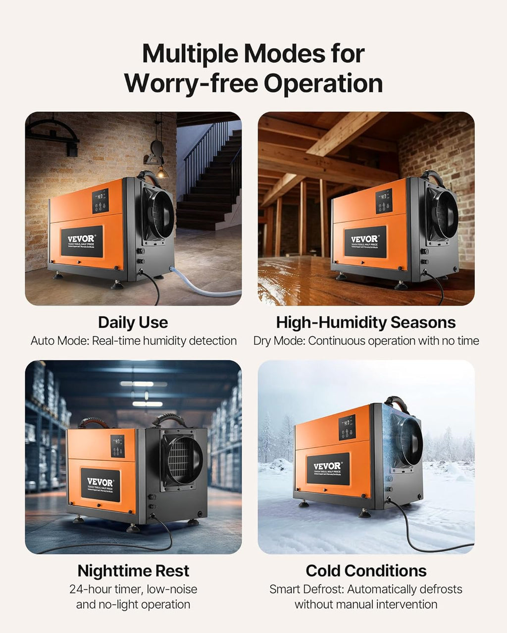VEVOR 125 Pints Commercial Dehumidifier with Drain Hose, Portable Crawl Space Dehumidifiers for Basement Storage Room Industrial Grade, Auto Defrost/Drainage, Heavy-duty Galvanized Steel, LED Indicate