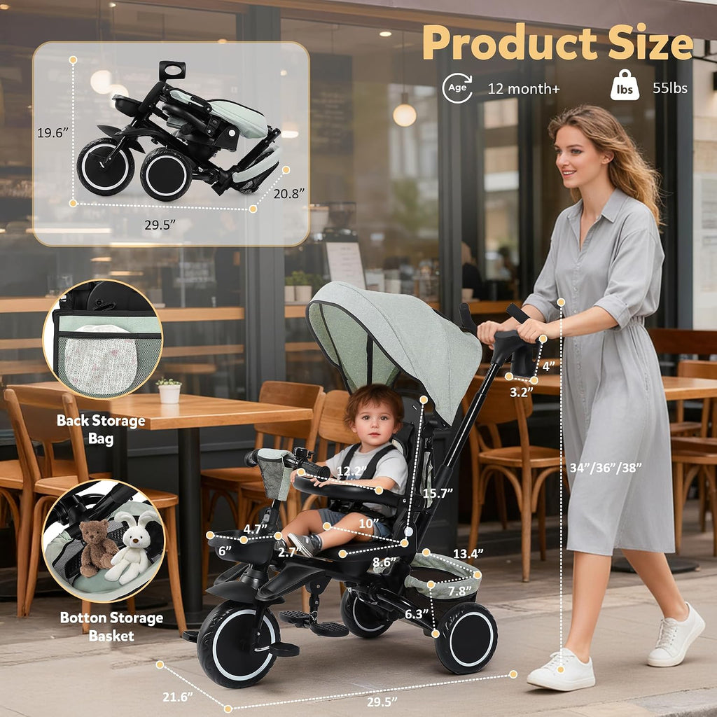 TODEFULL Folding Kids Tricycle, 8 in 1 Toddler Trike W/Removable & Adjustable Canopy, Parent Handle, 5-Piont Harness, Toddler Bike Tricycle for Kids 1-6 Years, EVA Wheels, Storage Basket, Green