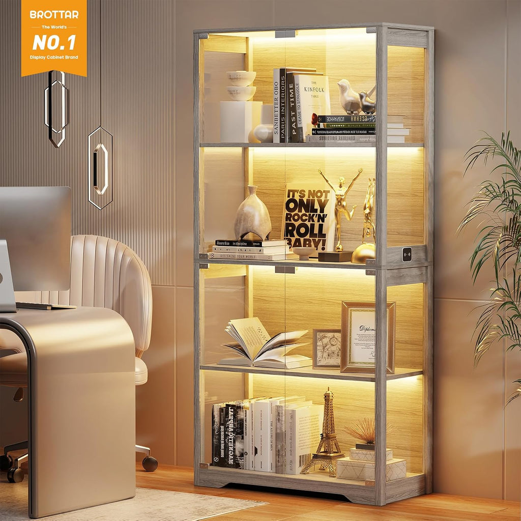 BROTTAR Display Cabinet with Glass Doors, 4-Tier Curio Cabinet with 3 Color Lights for Collectibles, Glass Display Case with Human Body Sensor, Bookcase with 4 Shelves, Storage Cabinets, Gray