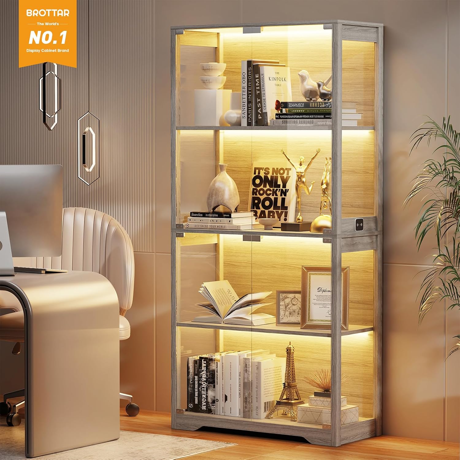 BROTTAR Display Cabinet with Glass Doors, 4-Tier Curio Cabinet with 3 Color Lights for Collectibles, Glass Display Case with Human Body Sensor, Bookcase with 4 Shelves, Storage Cabinets, Gray