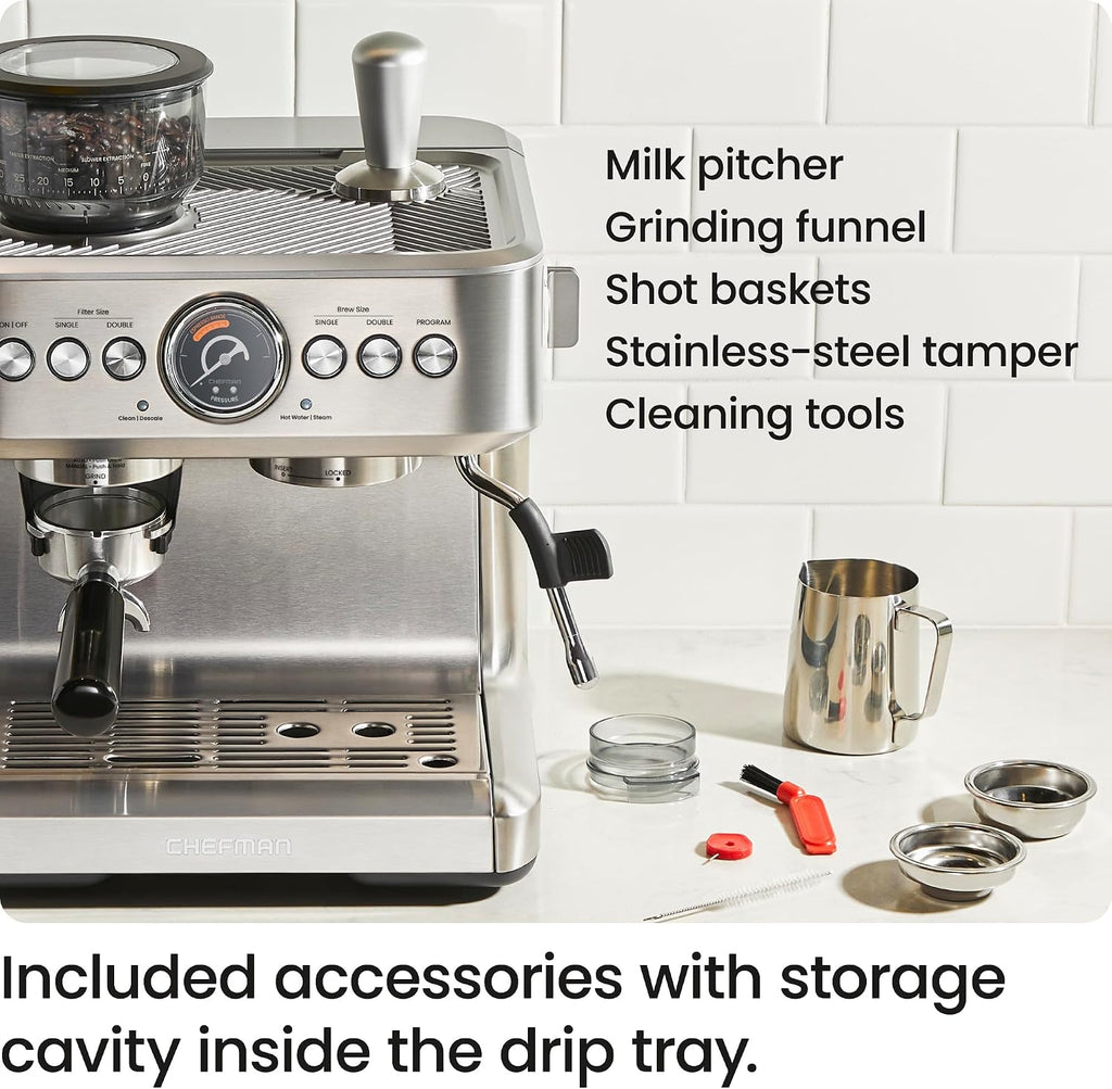 Chefman Crema Supreme 15 Bar Espresso Machine with Milk Frother, Barista Steam Wand, Professional Coffee Maker with Coffee Grinder, 30 Grind Settings, 3L Removable Water Tank - Stainless Steel