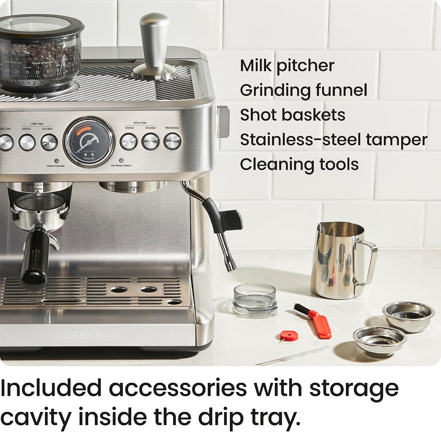 Chefman Crema Supreme 15 Bar Espresso Machine with Milk Frother, Barista Steam Wand, Professional Coffee Maker with Coffee Grinder, 30 Grind Settings, 3L Removable Water Tank - Stainless Steel