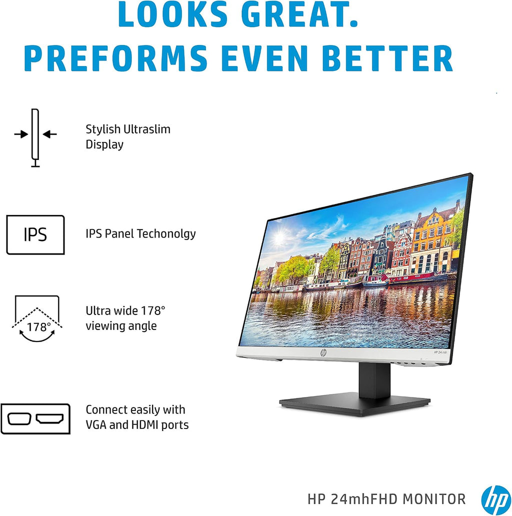 HP 24mh FHD Monitor - Computer Monitor with 23.8-Inch IPS Display (1080p) - Built-in Speakers and VESA Mounting - Height/Tilt Adjustment for Ergonomic Viewing - HDMI and DisplayPort - (1D0J9AA#ABA)