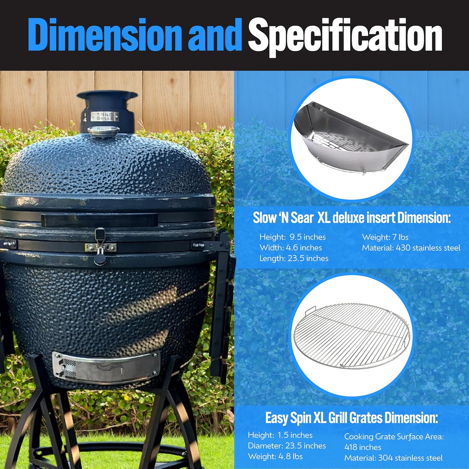 SnS Grills Slow 'N Sear® 5-Piece Cooking System - Patented Charcoal Basket with Removeable Water Reservoir, EasySpin Grate, Drip Pan for Low 'N Slow Smoking & Charcoal Grilling on Big Green Egg XL