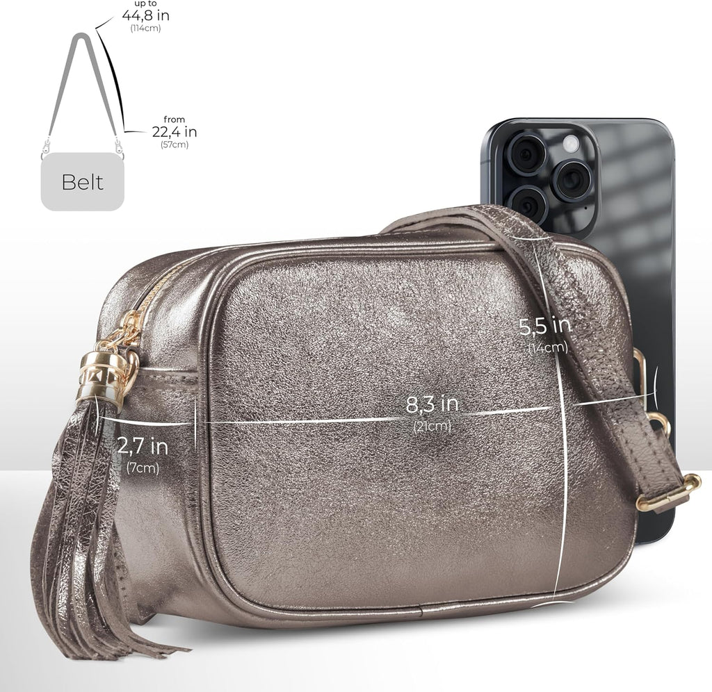 Italian Genuine Metallic Suede Crossbody Bag for Women with Zipper | Small Leather Camera Purse Shoulder Handbag Pocketbook