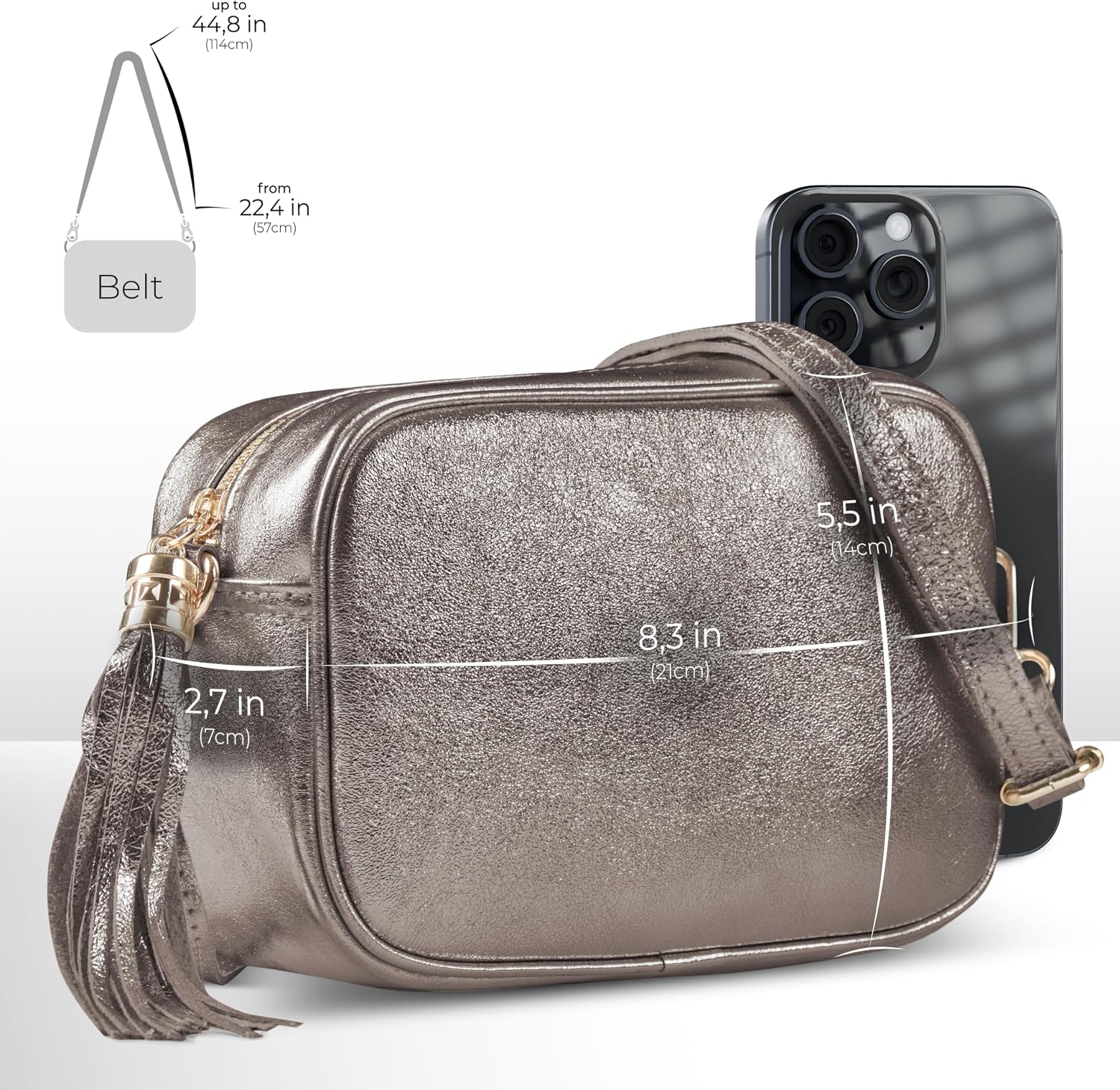 Italian Genuine Metallic Suede Crossbody Bag for Women with Zipper | Small Leather Camera Purse Shoulder Handbag Pocketbook