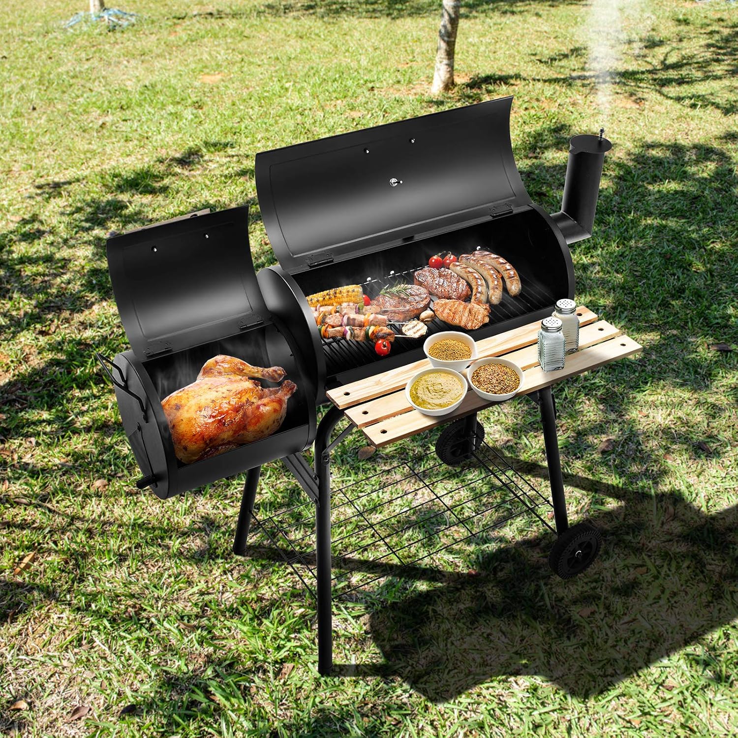 Giantex BBQ Charcoal Grill with Offset Smoker, Thermometer and Adjustable Damper, Meat Cooker Smoker for Backyard Family Gathering and Outdoor Picnic, 2 Moveable Wheels, 2 Shelves and Wooden Handles