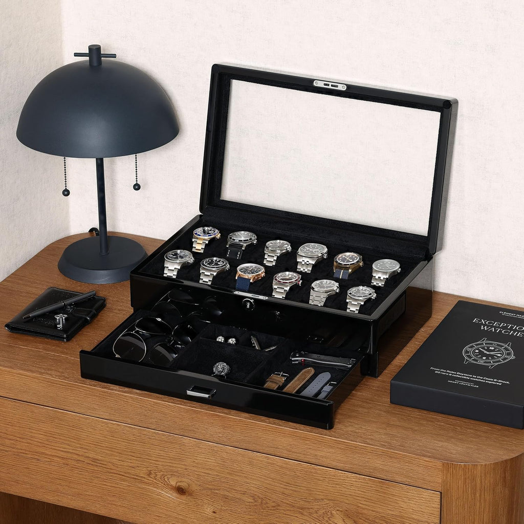 ROTHWELL 12-Slot Piano Black Watch Box with Valet Drawer - Premium Jewelry Display Case Organizer with Locking Glass Top and Microsuede Liner for Men & Women (Black Interior)