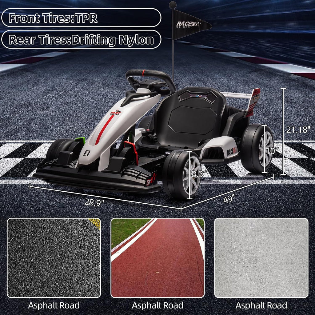 GarveeLife 24V Kids Ride on Go Kart, 7.5 mph Variable High Speed Drifting Car, 7ah Battery 200W*2 Motors,Ajustable Legroom for Kids Grows, Max Load 135 LBS, Power Display Racing Toy for 6+,White
