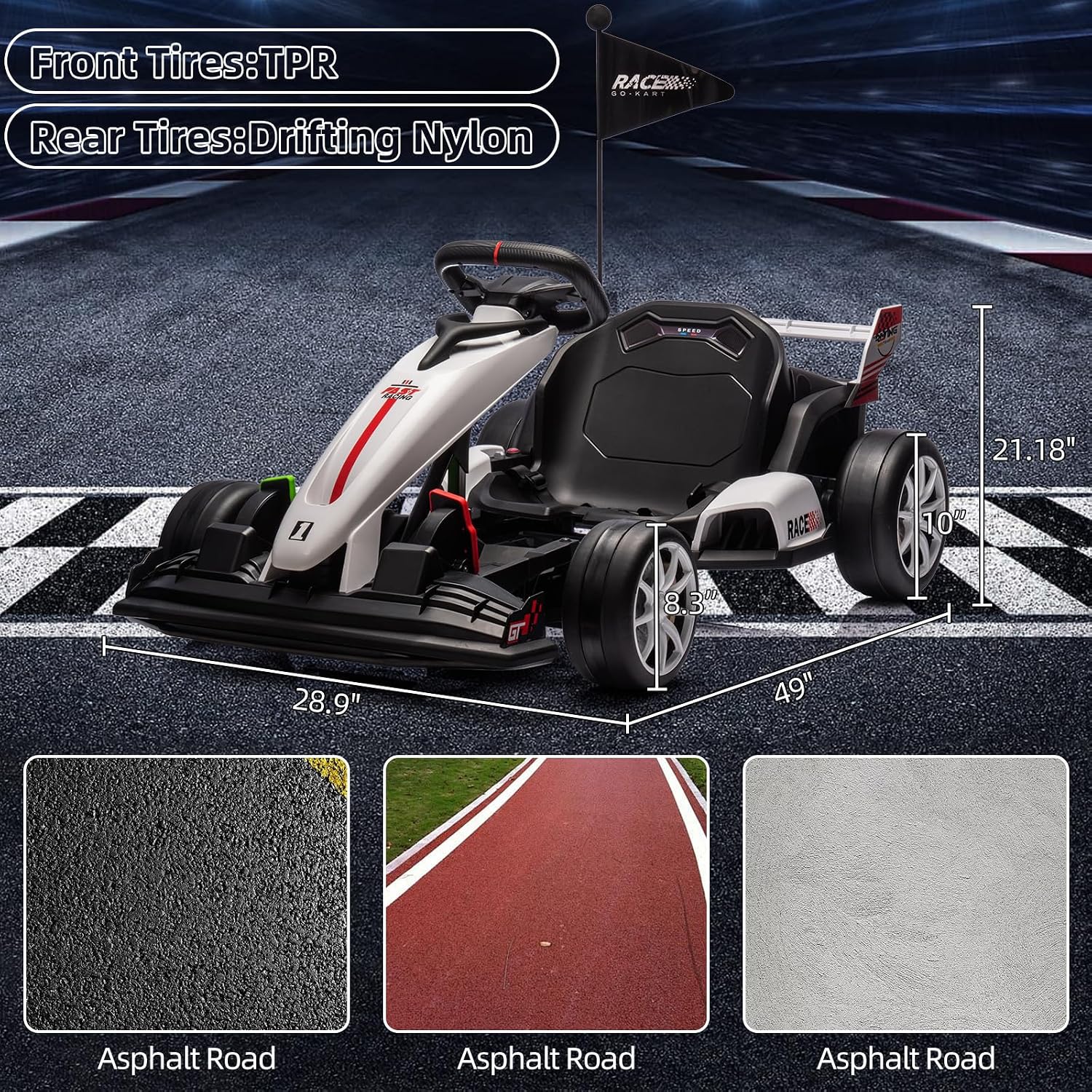 GarveeLife 24V Kids Ride on Go Kart, 7.5 mph Variable High Speed Drifting Car, 7ah Battery 200W*2 Motors,Ajustable Legroom for Kids Grows, Max Load 135 LBS, Power Display Racing Toy for 6+,White