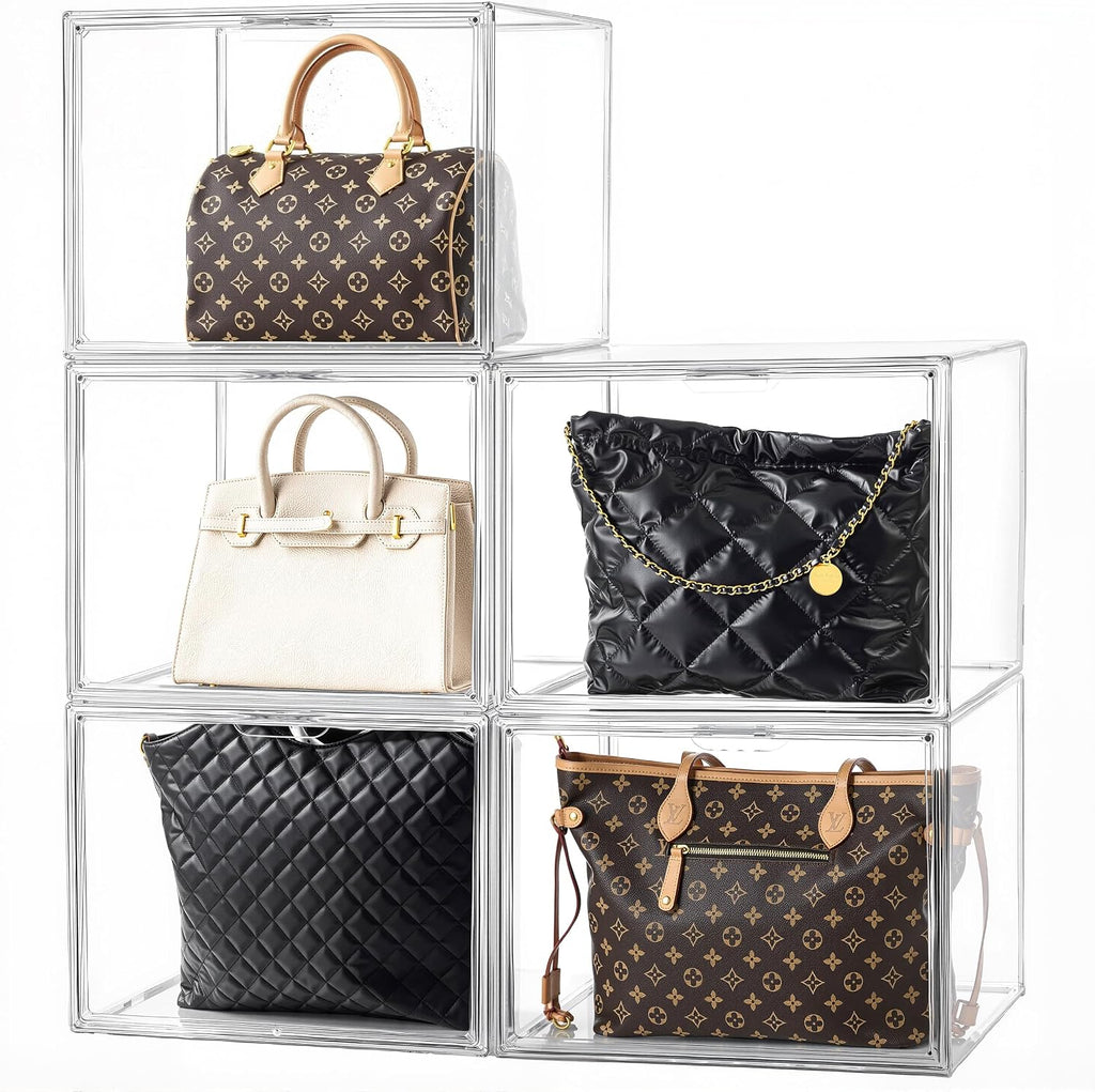 HBlife 5 Pack Purse Storage Organizer for Closet, X-Large Clear Stackable Handbag Display Case Box with Magnetic Door for Collectibles, Cosmetics, Women Heels and Toys