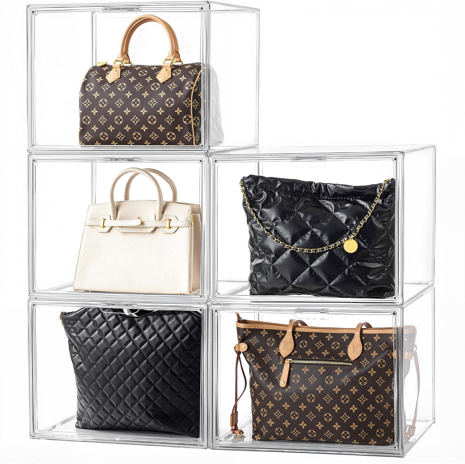 HBlife 5 Pack Purse Storage Organizer for Closet, X-Large Clear Stackable Handbag Display Case Box with Magnetic Door for Collectibles, Cosmetics, Women Heels and Toys