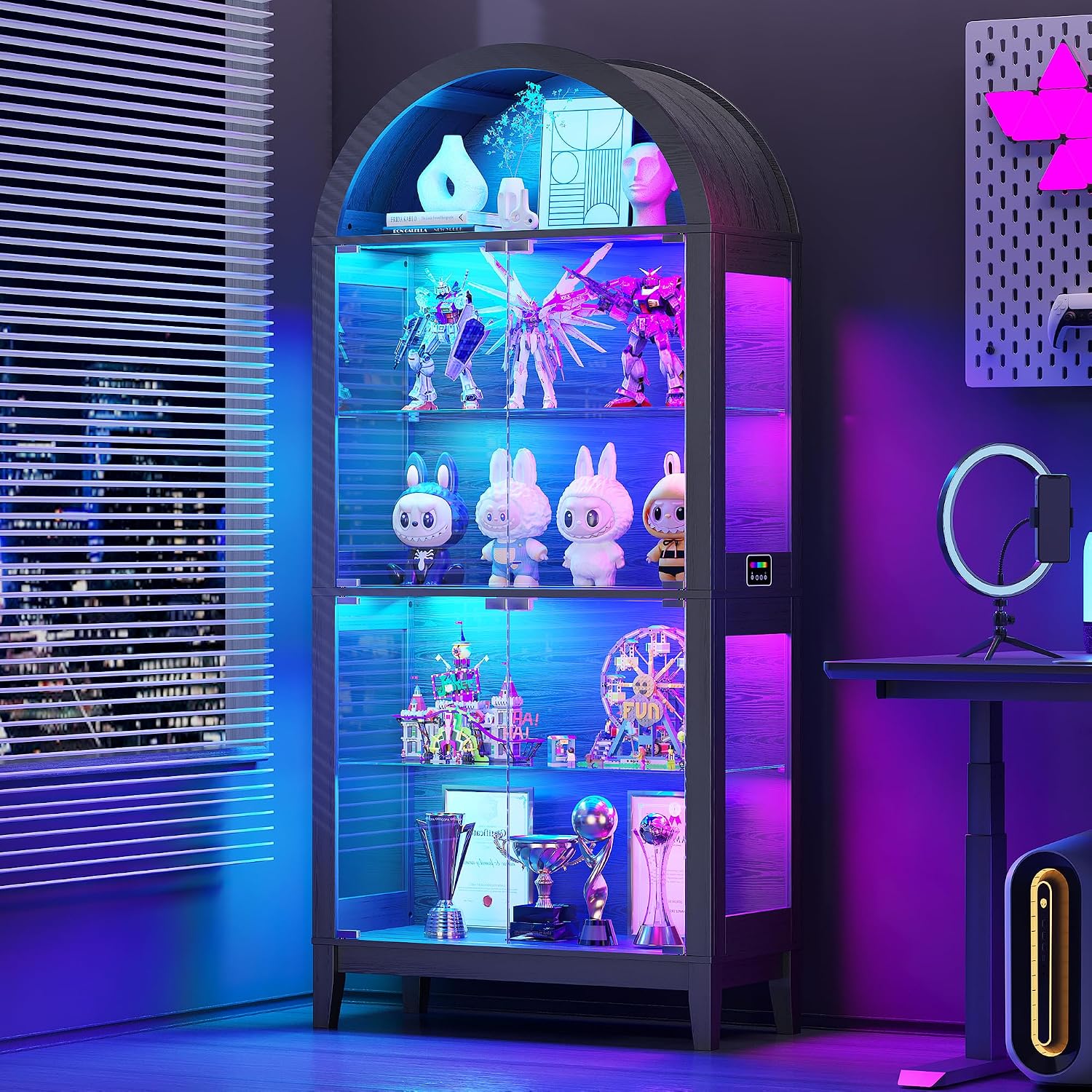 Lvifur Display Cabinet with -RGB Lights, 5-Tier 68.9' Arched Curio Cabinet with Glass Door for Collectibles, Display Case with Glass Shelves, Motion Sensor, Storage Cabinets,Bookcase,Black