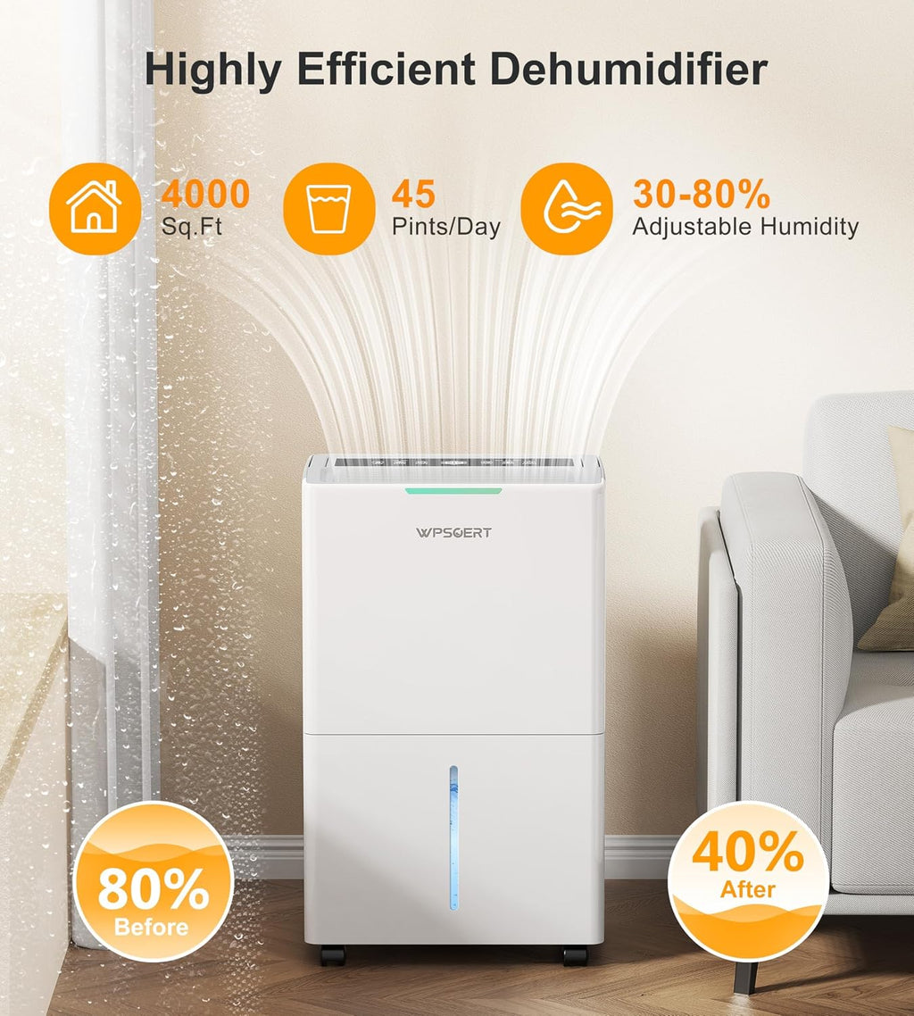 4000 sq.ft Dehumidifier for Basement, 45 Pint Dehumidifiers for Home with Drain Hose, WPSOERT Smart Compressor Dehumidifies for Large Room, Bedroom, 3 Modes, Intelligent Humidity Control, Auto Defrost