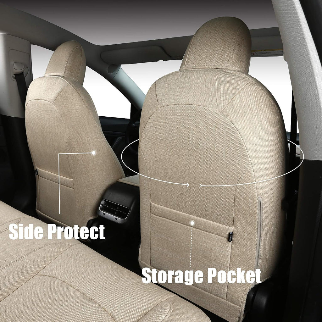 Car Seat Cover for Tesla Model 3 Synthetic Linen Cloth Breathable Sweat-Proof Seat Cushion Custom Fit for 2017 2018 2019 2020 2021 2022 (Fabric Beige 3)